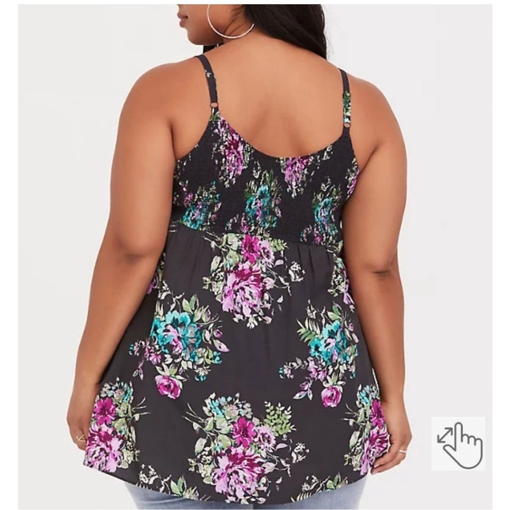 Torrid Black Floral Smocked Babydoll Cami Top Plus Size 0 L XL Adjustable Straps